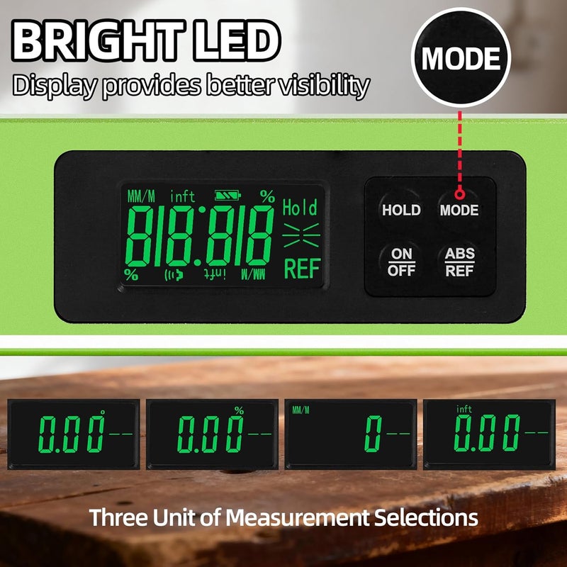 VNW 16inch Digital Level with LCD Display - Bubble Light Up Function - Multi Purpose:Magnetic Torpedo Level, Angle Finder 0-90° & 0-180° Range -Leveler Tool for Woodwork,Saw & Home Leveling (Green) - Image 4